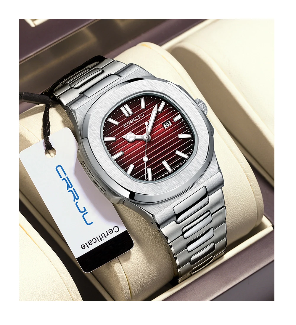 CRRJU Top Luxury Brand Man Watch Sports Waterproof Luminous Date Men Wristwatch Square Dial Quartz Men's Watches High Quality
