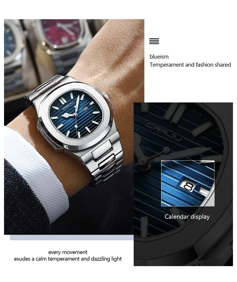 CRRJU Top Luxury Brand Man Watch Sports Waterproof Luminous Date Men Wristwatch Square Dial Quartz Men's Watches High Quality