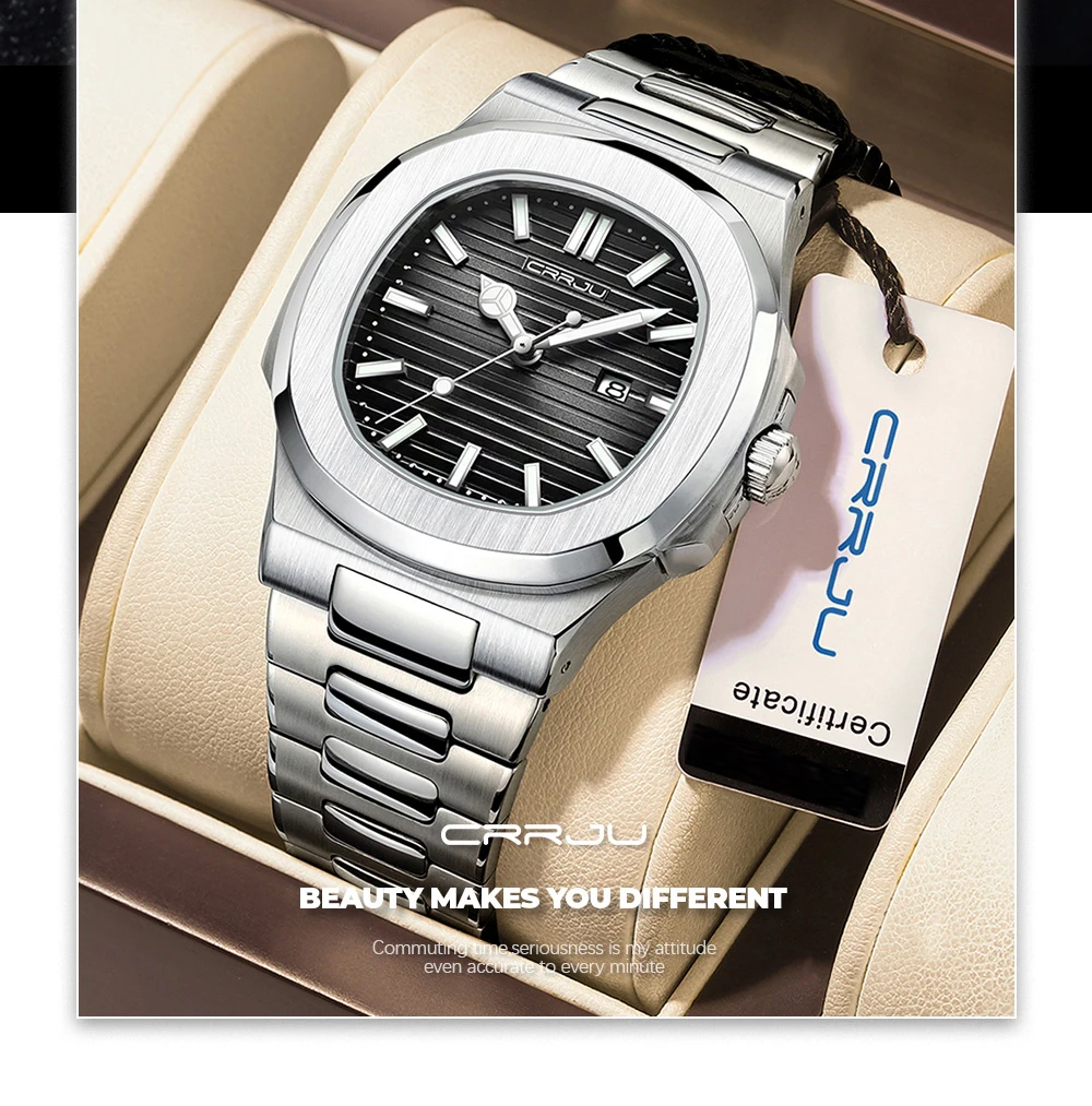 CRRJU Top Luxury Brand Man Watch Sports Waterproof Luminous Date Men Wristwatch Square Dial Quartz Men's Watches High Quality