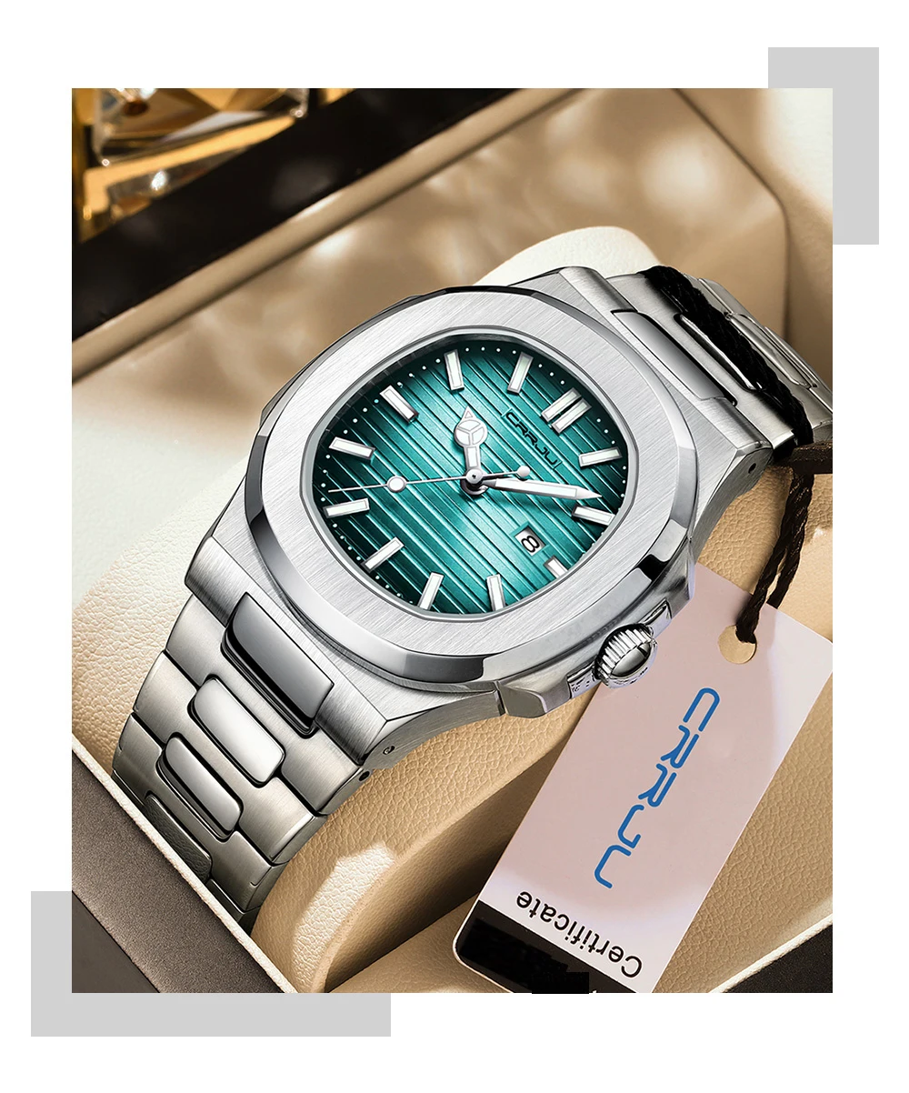 CRRJU Top Luxury Brand Man Watch Sports Waterproof Luminous Date Men Wristwatch Square Dial Quartz Men's Watches High Quality
