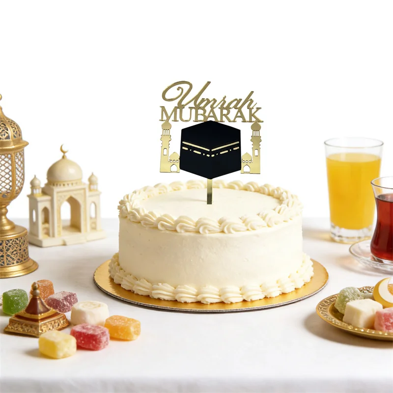 1Pcs Black Gold Acrylic Umrah Mubarak Cake Toppers Ramadan Kareem Decoration Muslim Islamic Party Home 2026 Ramadan Cake Supplie