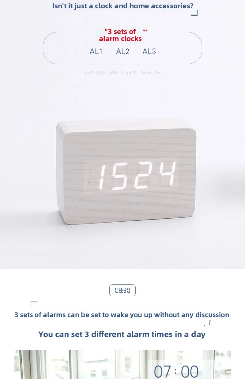 LED Desktop Clock Alarm Decoration Wooden Alarm Watch Table Voice Control Digital Wood Powered Electronic Desktop Clocks