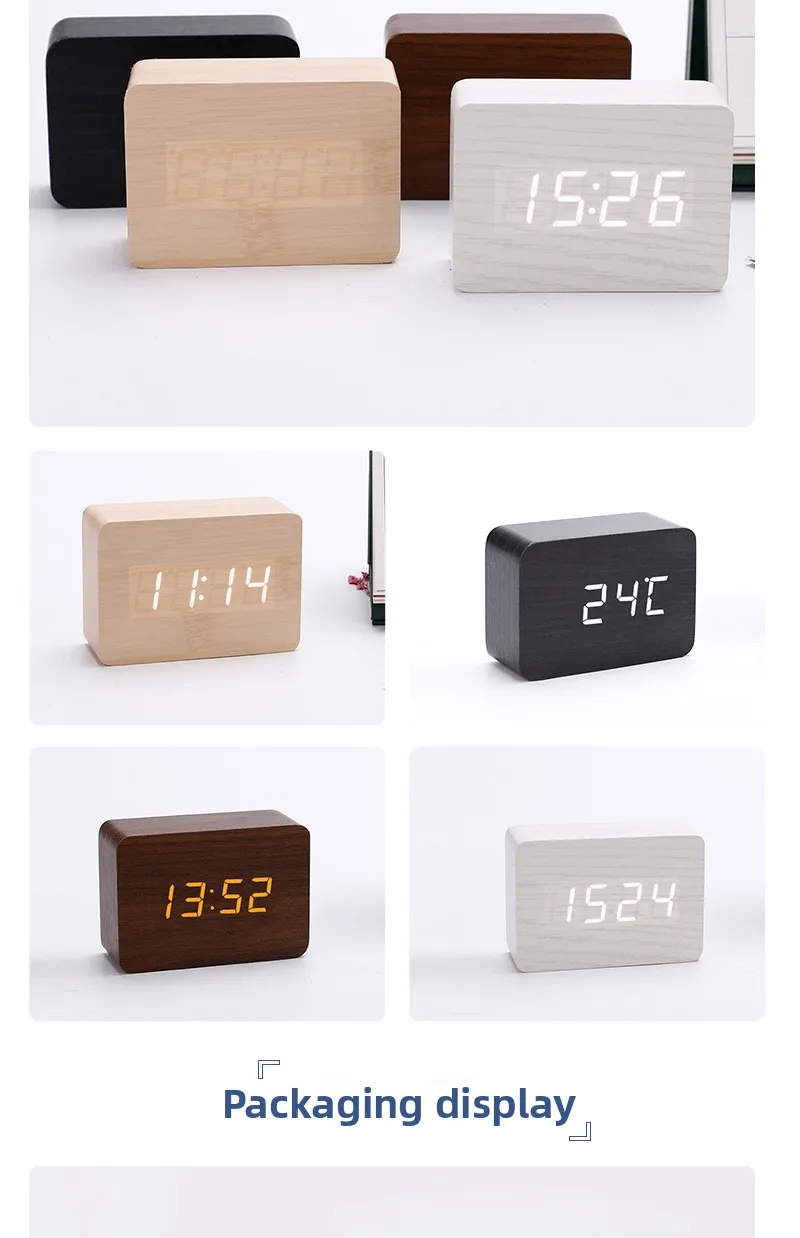 LED Desktop Clock Alarm Decoration Wooden Alarm Watch Table Voice Control Digital Wood Powered Electronic Desktop Clocks