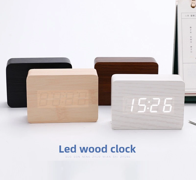 LED Desktop Clock Alarm Decoration Wooden Alarm Watch Table Voice Control Digital Wood Powered Electronic Desktop Clocks