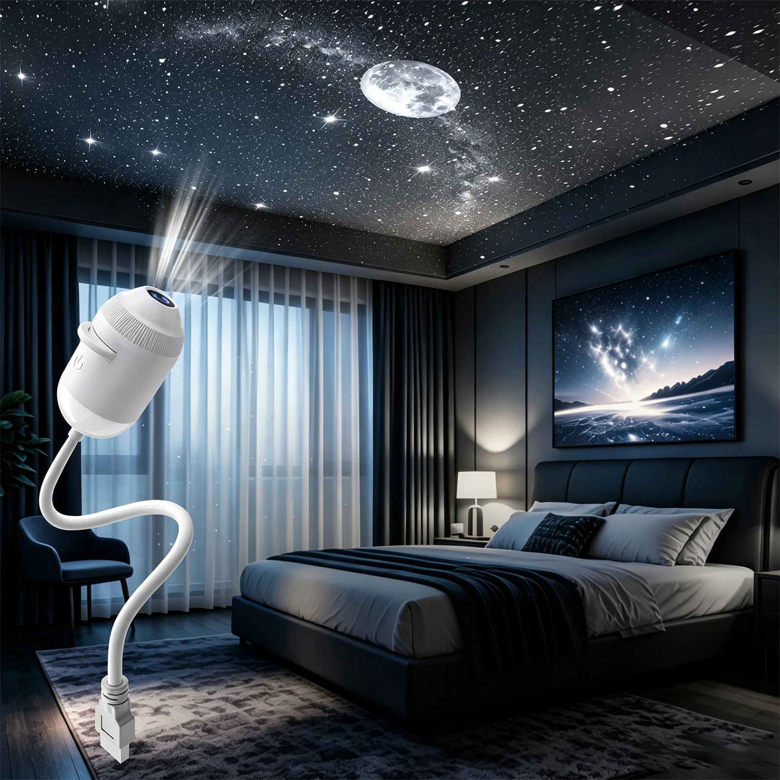 HD 2-in-1 Smart Dynamic 5D Holographic Night Light Projector 360 Rotating Galaxy Light Star Projectors USB Powered Plug and Play