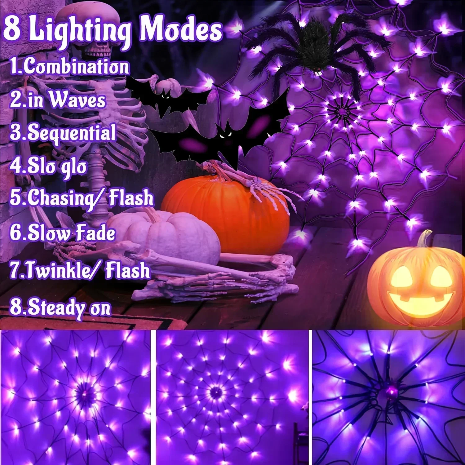 Halloween Spider Web Hanging Ornament LED String Lights 70LED 8 Modes Battery For Ghost Festival Home Party Wall Decoration