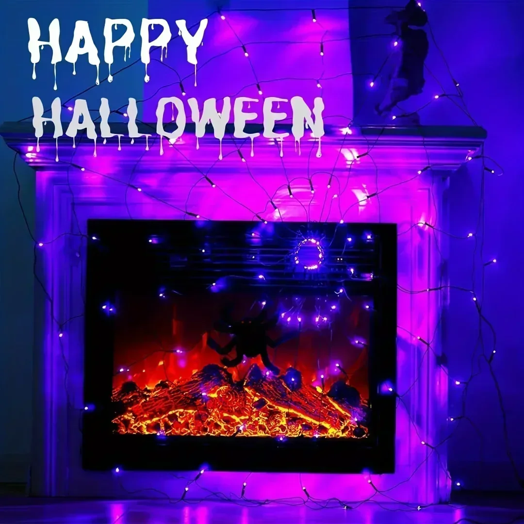 Halloween Spider Web Hanging Ornament LED String Lights 70LED 8 Modes Battery For Ghost Festival Home Party Wall Decoration