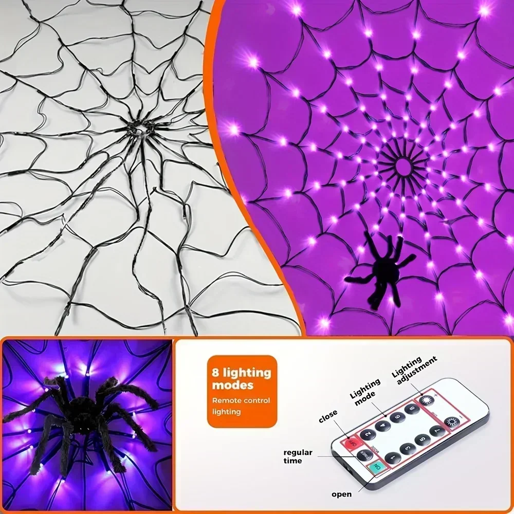 Halloween Spider Web Hanging Ornament LED String Lights 70LED 8 Modes Battery For Ghost Festival Home Party Wall Decoration