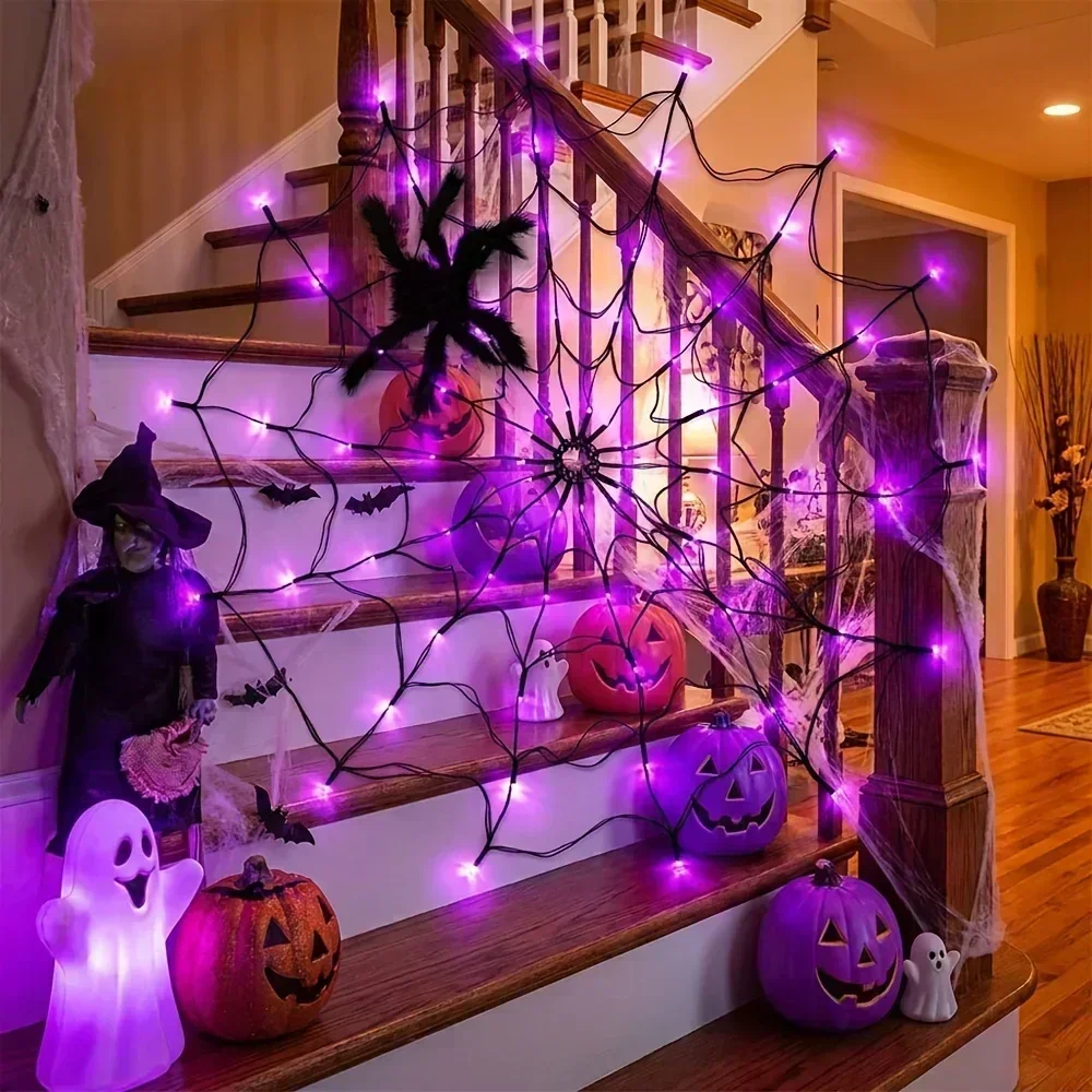 Halloween Spider Web Hanging Ornament LED String Lights 70LED 8 Modes Battery For Ghost Festival Home Party Wall Decoration