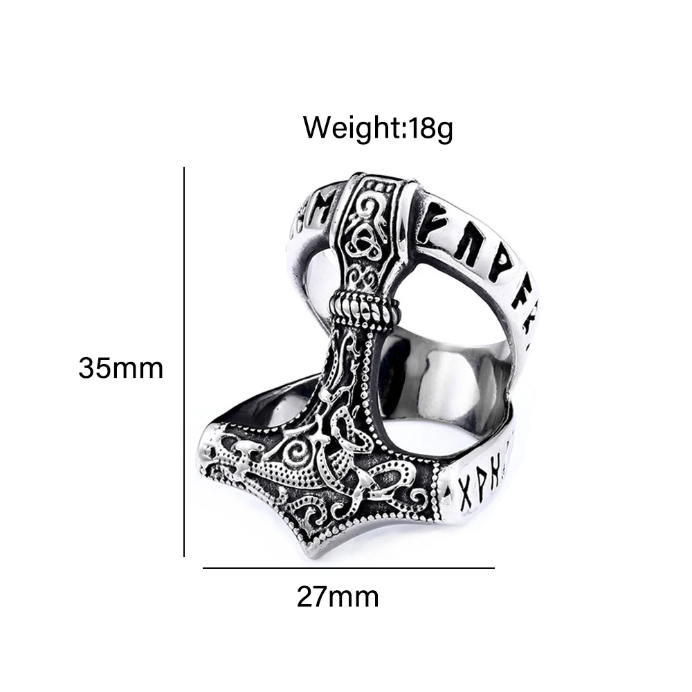 Vintage Viking Thor's Hammer Ring Mens Nordic Odin Rune Ring Stainless Steel Jewelry Biker Amulet Gift Wholesale