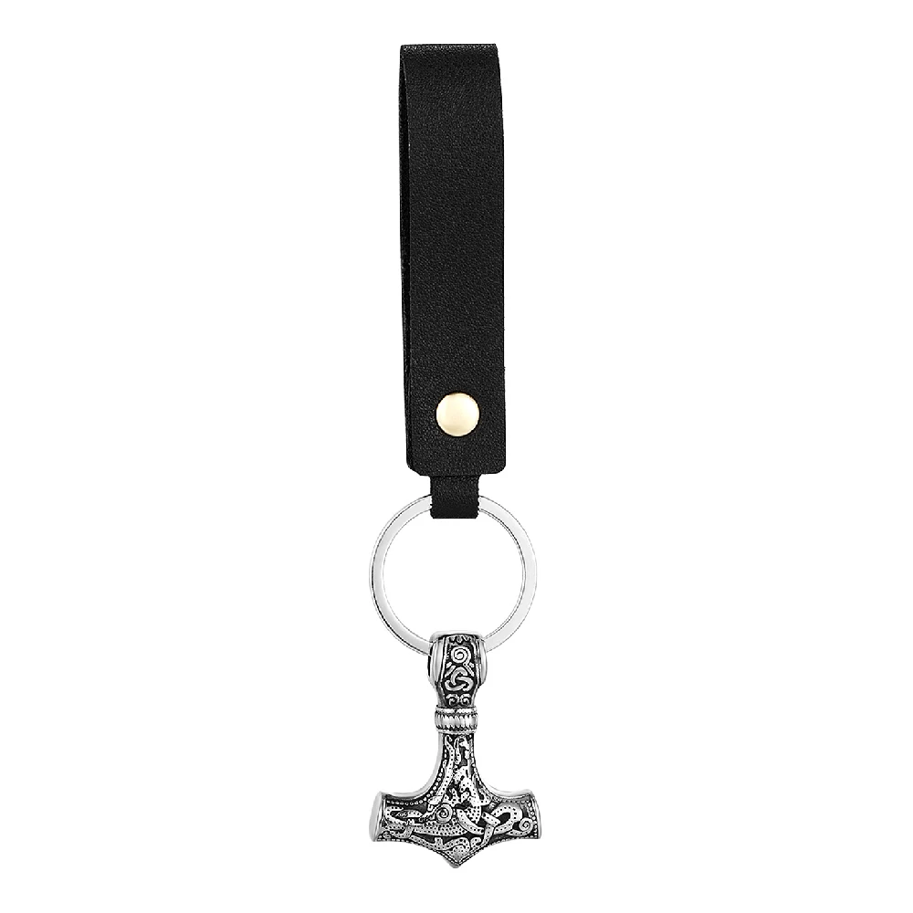 Retro Vikings Thors Hammer Survival Rope Keychain Men Stainless Steel Leather Keyring Handmade Amulet Norse Runes Anchor Jewelry