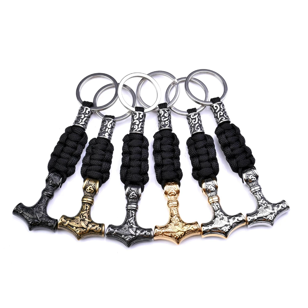 Retro Vikings Thors Hammer Survival Rope Keychain Men Stainless Steel Leather Keyring Handmade Amulet Norse Runes Anchor Jewelry