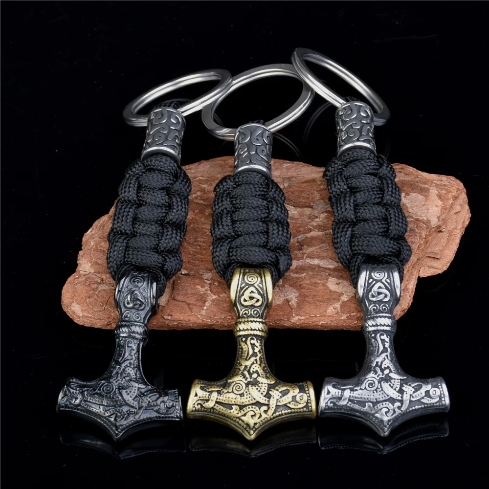 Retro Vikings Thors Hammer Survival Rope Keychain Men Stainless Steel Leather Keyring Handmade Amulet Norse Runes Anchor Jewelry