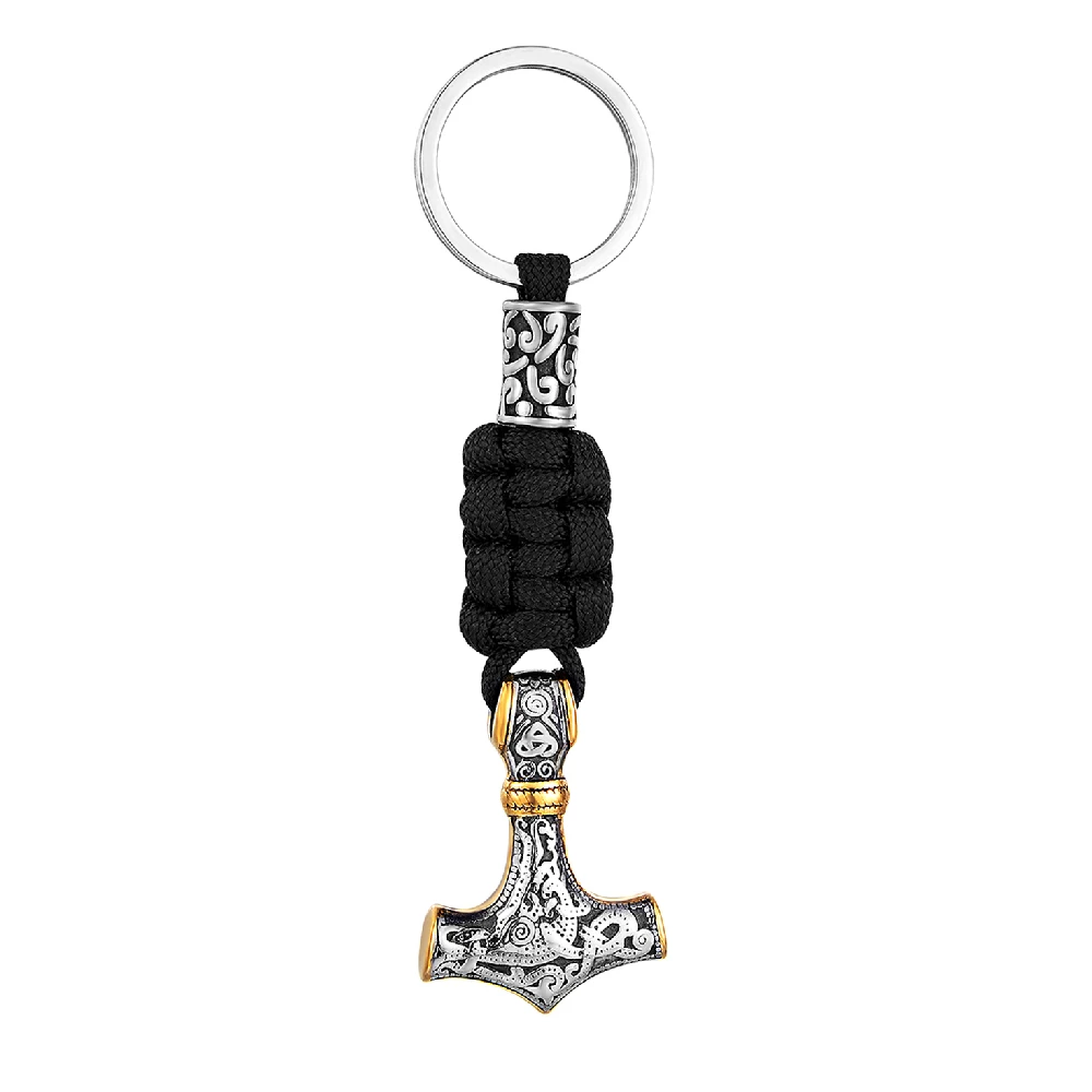 Retro Vikings Thors Hammer Survival Rope Keychain Men Stainless Steel Leather Keyring Handmade Amulet Norse Runes Anchor Jewelry