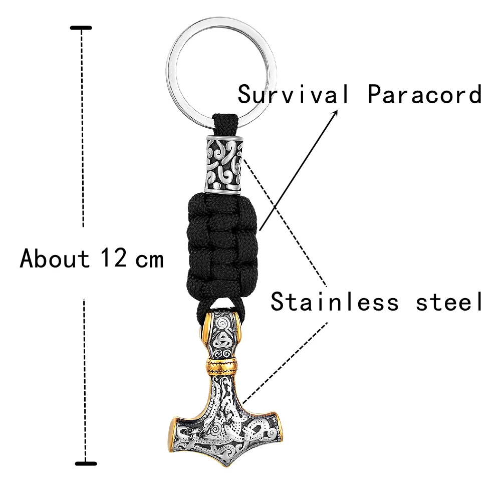 Retro Vikings Thors Hammer Survival Rope Keychain Men Stainless Steel Leather Keyring Handmade Amulet Norse Runes Anchor Jewelry