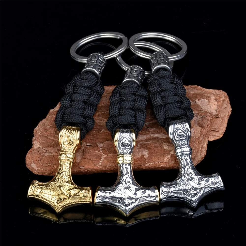 Retro Vikings Thors Hammer Survival Rope Keychain Men Stainless Steel Leather Keyring Handmade Amulet Norse Runes Anchor Jewelry