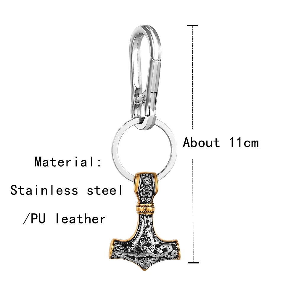 Retro Vikings Thors Hammer Survival Rope Keychain Men Stainless Steel Leather Keyring Handmade Amulet Norse Runes Anchor Jewelry