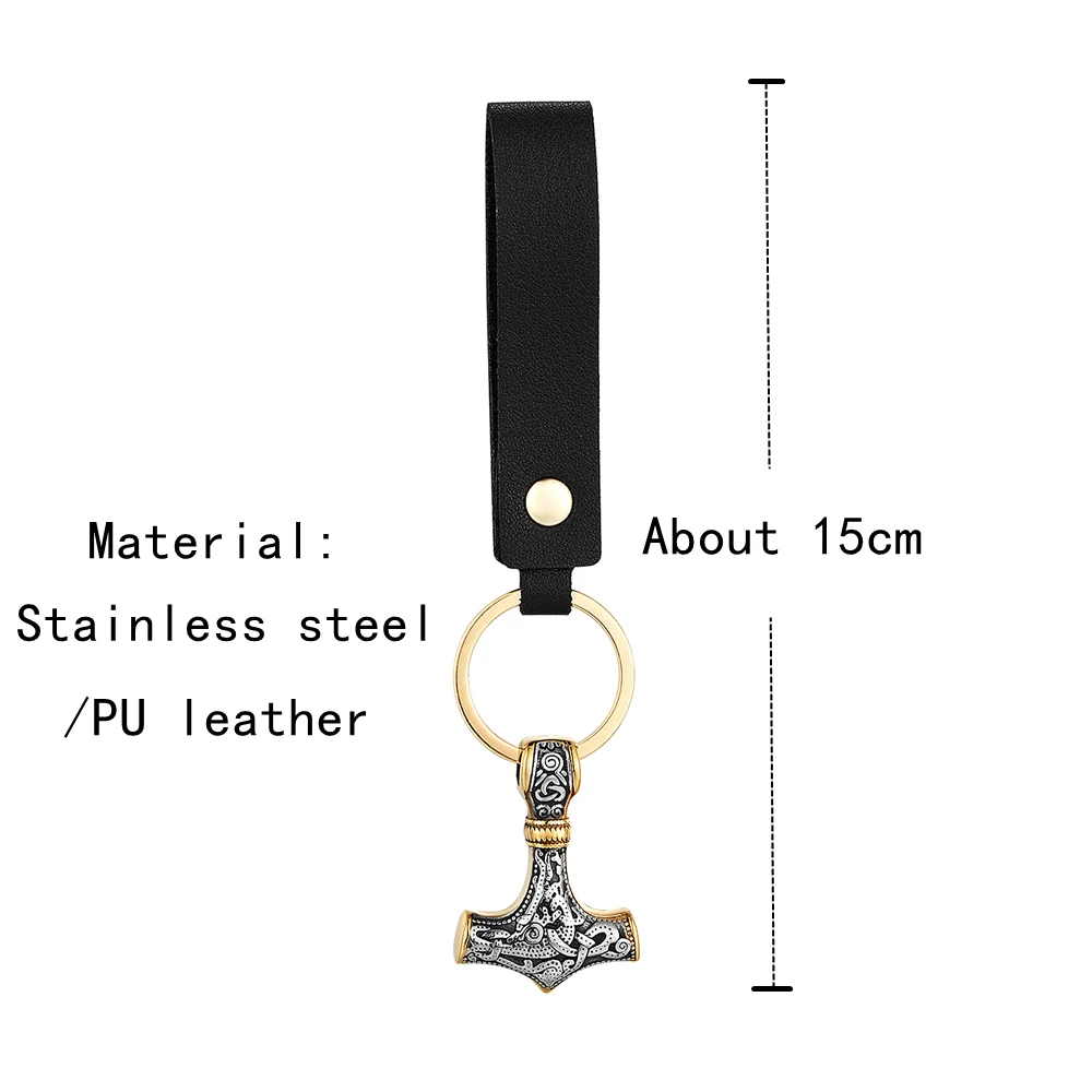 Retro Vikings Thors Hammer Survival Rope Keychain Men Stainless Steel Leather Keyring Handmade Amulet Norse Runes Anchor Jewelry