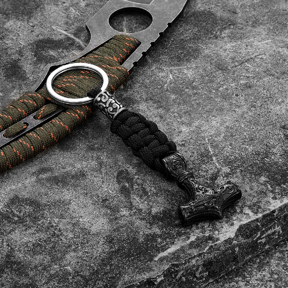 Retro Vikings Thors Hammer Survival Rope Keychain Men Stainless Steel Leather Keyring Handmade Amulet Norse Runes Anchor Jewelry
