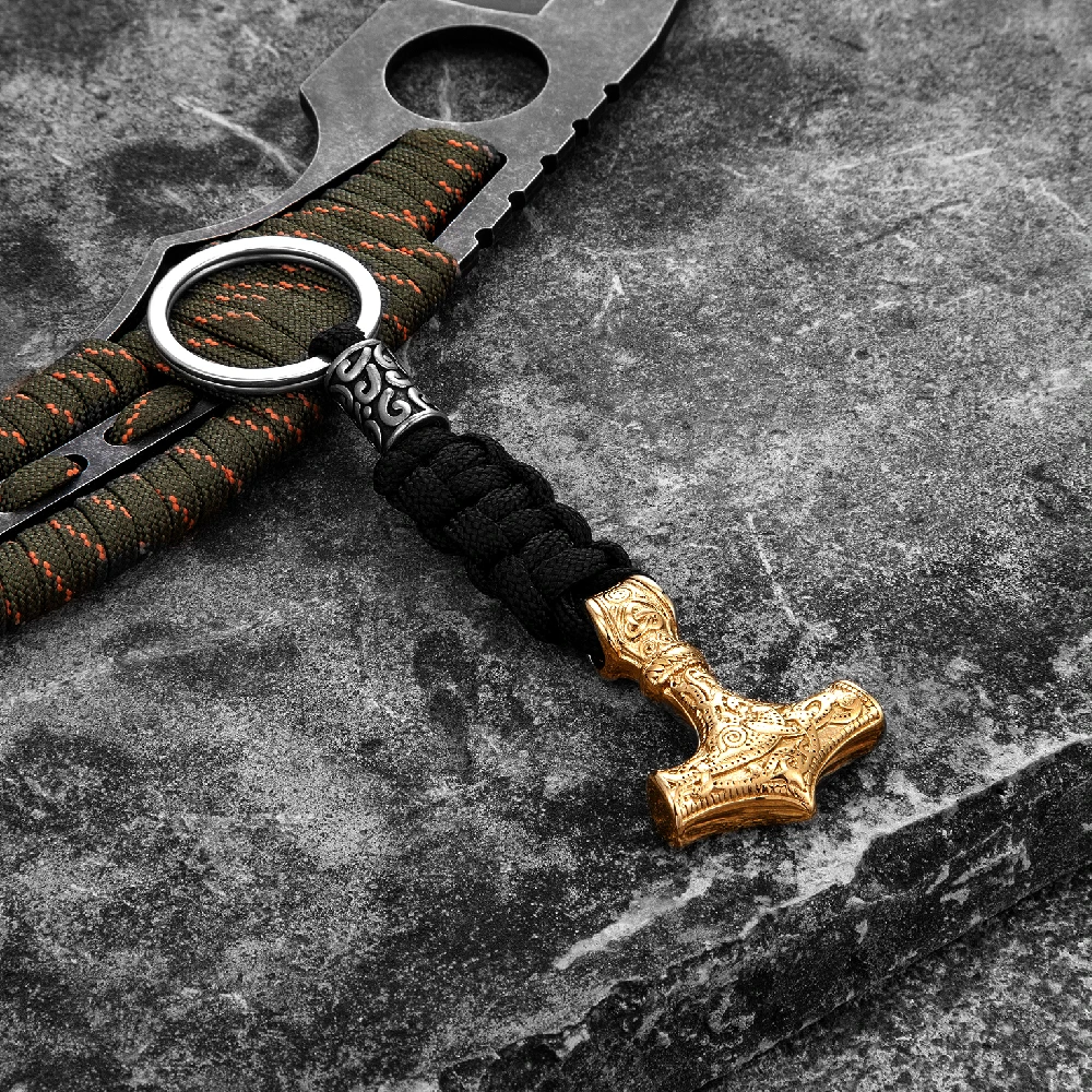 Retro Vikings Thors Hammer Survival Rope Keychain Men Stainless Steel Leather Keyring Handmade Amulet Norse Runes Anchor Jewelry