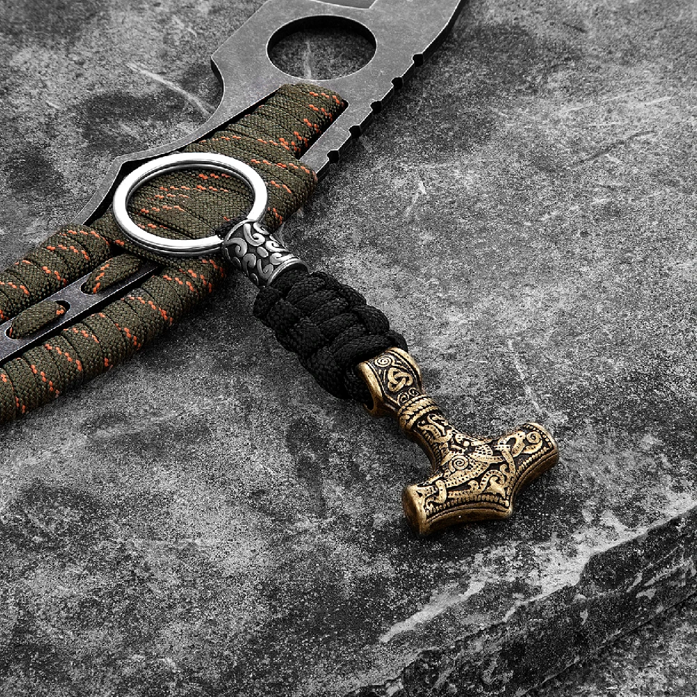 Retro Vikings Thors Hammer Survival Rope Keychain Men Stainless Steel Leather Keyring Handmade Amulet Norse Runes Anchor Jewelry