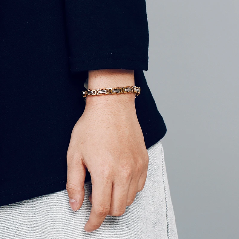 KALEN Wholesale Dubai Stainless Steel Byzantine Chain Bracelet Men Fashion Male 16-24cm Gold Color Wrap Bangle Biker Jewelry