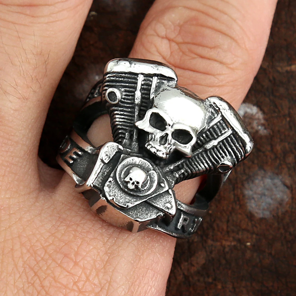 Retro Punk Motorcycle Engine Rings For Men Boys Gothic 316L Stainless Steel Biker Skull Ring Fashion Jewelry Gifts Wholesale