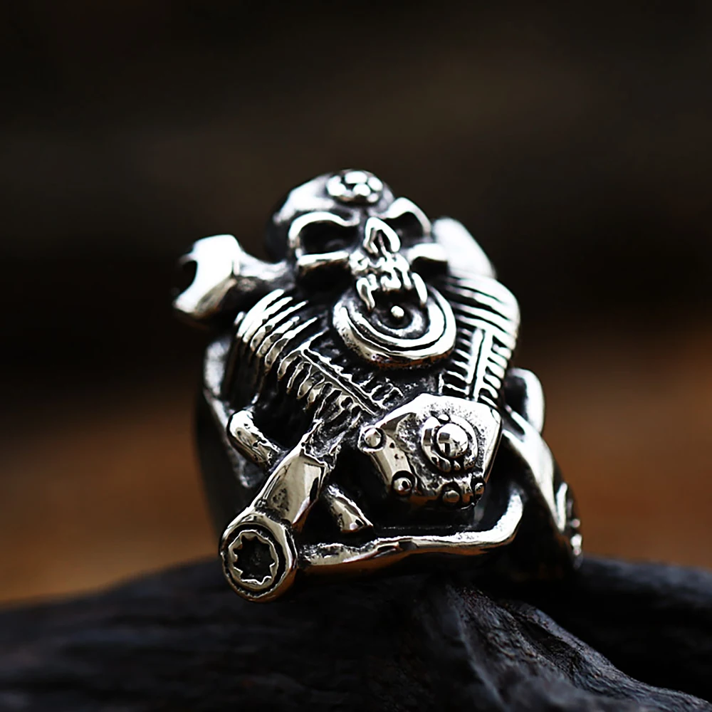 Retro Punk Motorcycle Engine Rings For Men Boys Gothic 316L Stainless Steel Biker Skull Ring Fashion Jewelry Gifts Wholesale