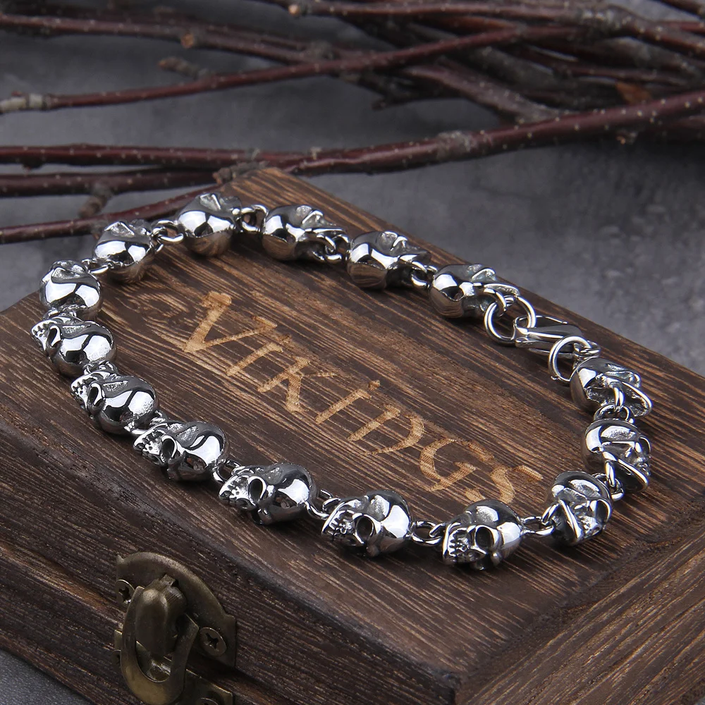 Gun Black Vintage full Stainless Steel Skull Beaded Skull Bracelet for Men Bracelets Gothic packing by wooden box as gift