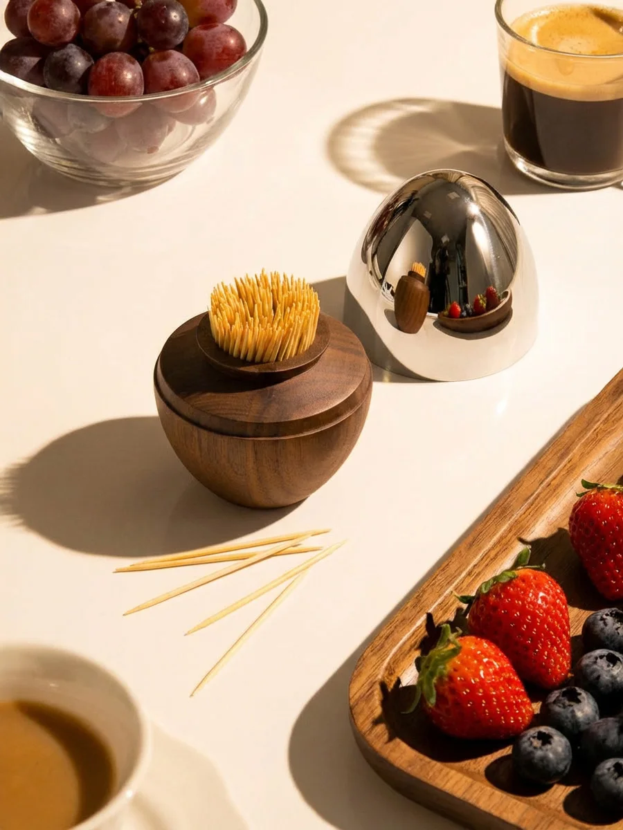 Walnut Toothpick Holder with Stainless Steel Cover, 6Pcs Fruit Picks, Cocktail Picks, Toothpick Box for Home Decor, Party, Bar