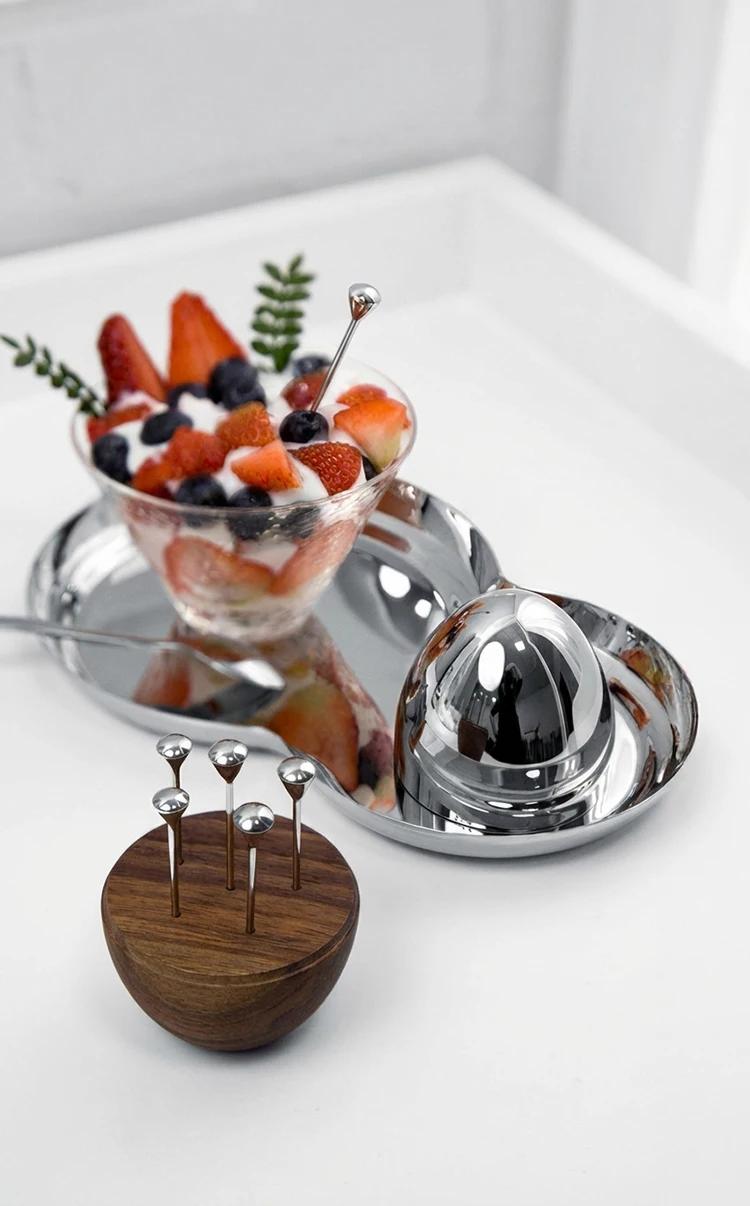 Walnut Toothpick Holder with Stainless Steel Cover, 6Pcs Fruit Picks, Cocktail Picks, Toothpick Box for Home Decor, Party, Bar