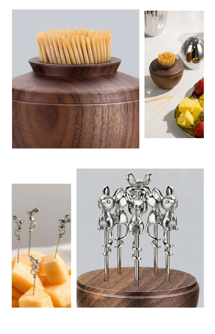 Walnut Toothpick Holder with Stainless Steel Cover, 6Pcs Fruit Picks, Cocktail Picks, Toothpick Box for Home Decor, Party, Bar