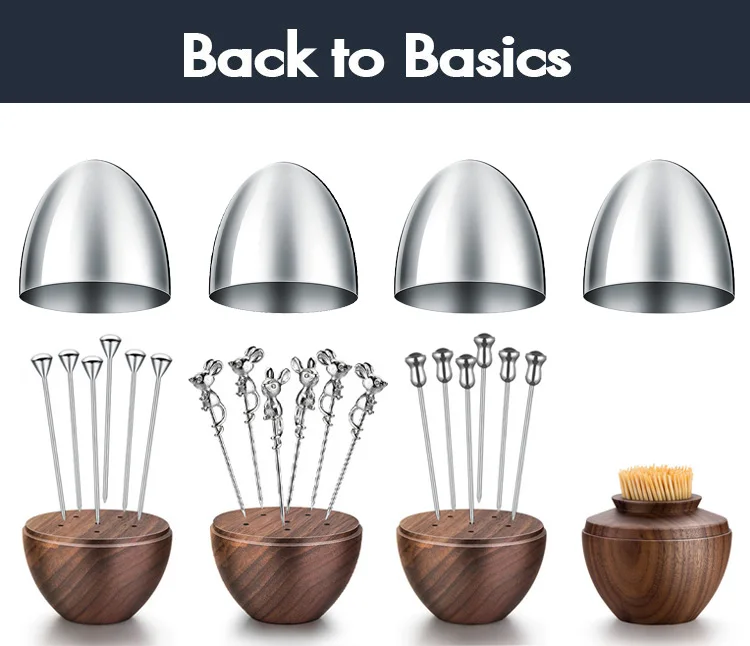 Walnut Toothpick Holder with Stainless Steel Cover, 6Pcs Fruit Picks, Cocktail Picks, Toothpick Box for Home Decor, Party, Bar