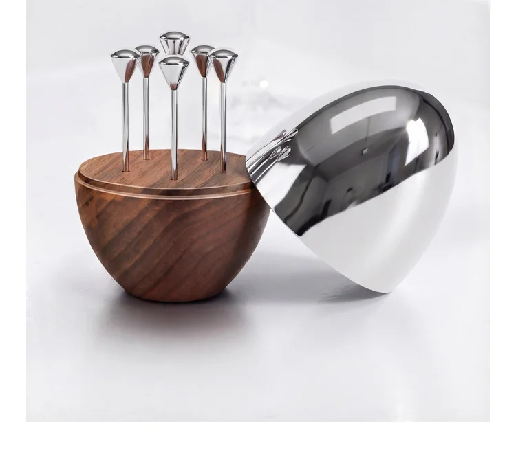 Walnut Toothpick Holder with Stainless Steel Cover, 6Pcs Fruit Picks, Cocktail Picks, Toothpick Box for Home Decor, Party, Bar