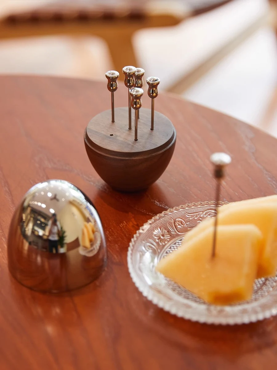 Walnut Toothpick Holder with Stainless Steel Cover, 6Pcs Fruit Picks, Cocktail Picks, Toothpick Box for Home Decor, Party, Bar