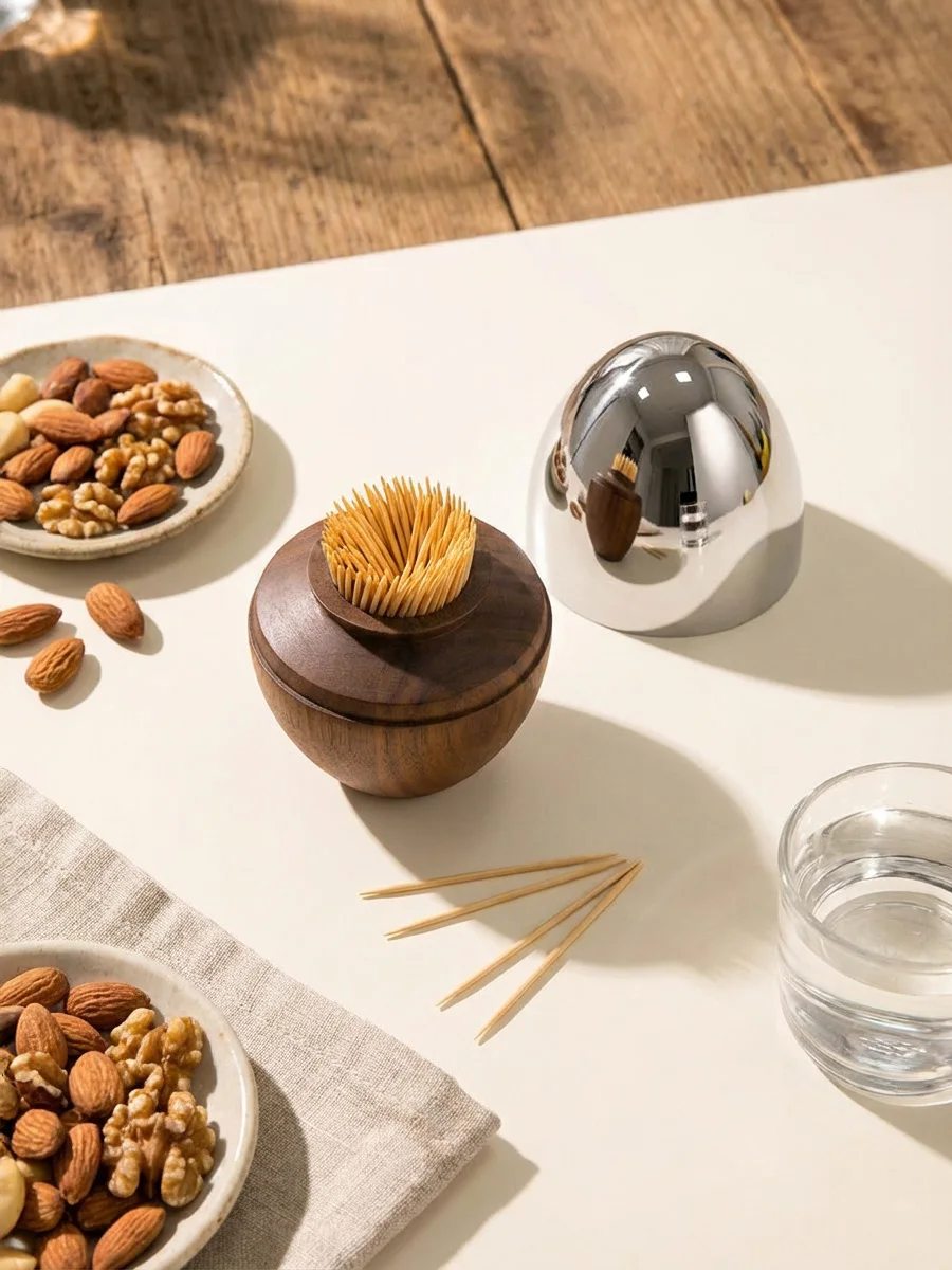 Walnut Toothpick Holder with Stainless Steel Cover, 6Pcs Fruit Picks, Cocktail Picks, Toothpick Box for Home Decor, Party, Bar