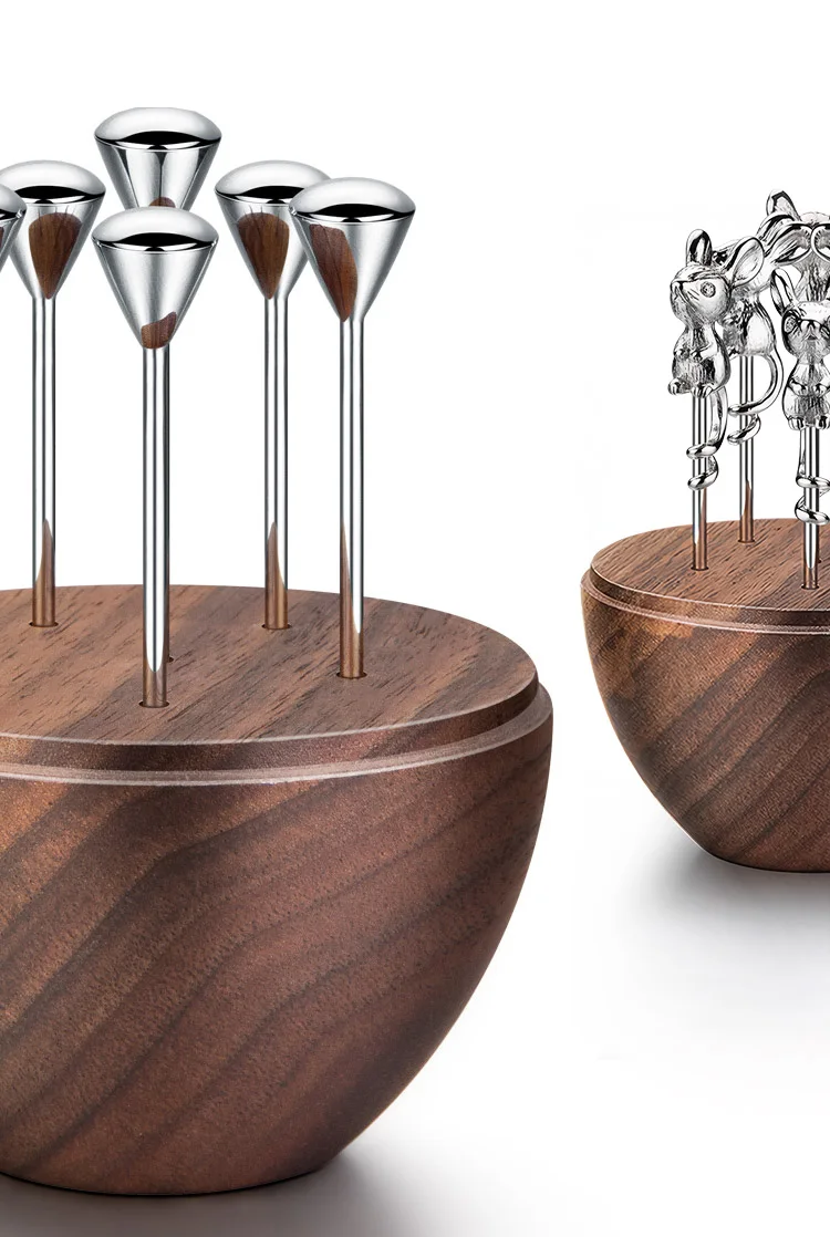 Walnut Toothpick Holder with Stainless Steel Cover, 6Pcs Fruit Picks, Cocktail Picks, Toothpick Box for Home Decor, Party, Bar