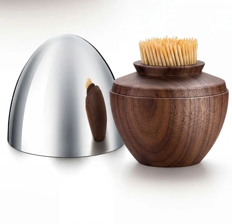 Walnut Toothpick Holder with Stainless Steel Cover, 6Pcs Fruit Picks, Cocktail Picks, Toothpick Box for Home Decor, Party, Bar