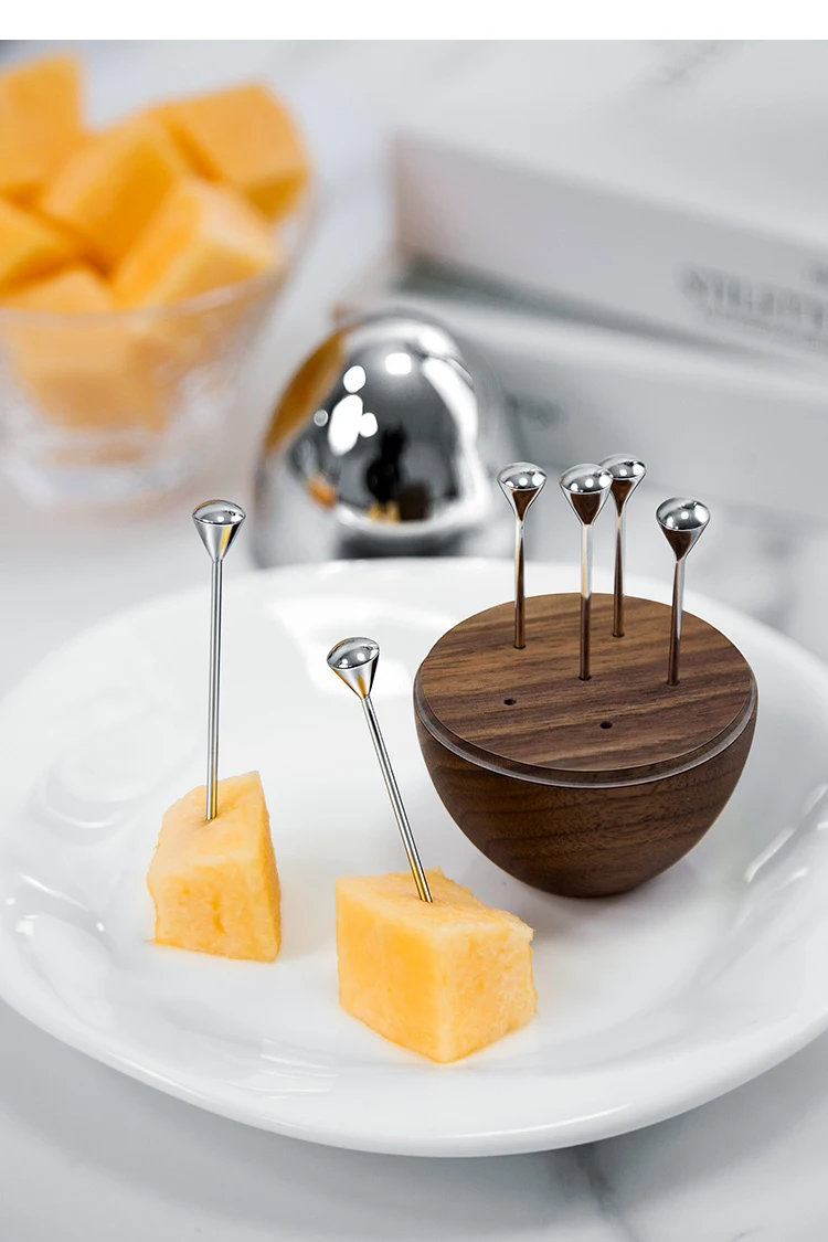 Walnut Toothpick Holder with Stainless Steel Cover, 6Pcs Fruit Picks, Cocktail Picks, Toothpick Box for Home Decor, Party, Bar