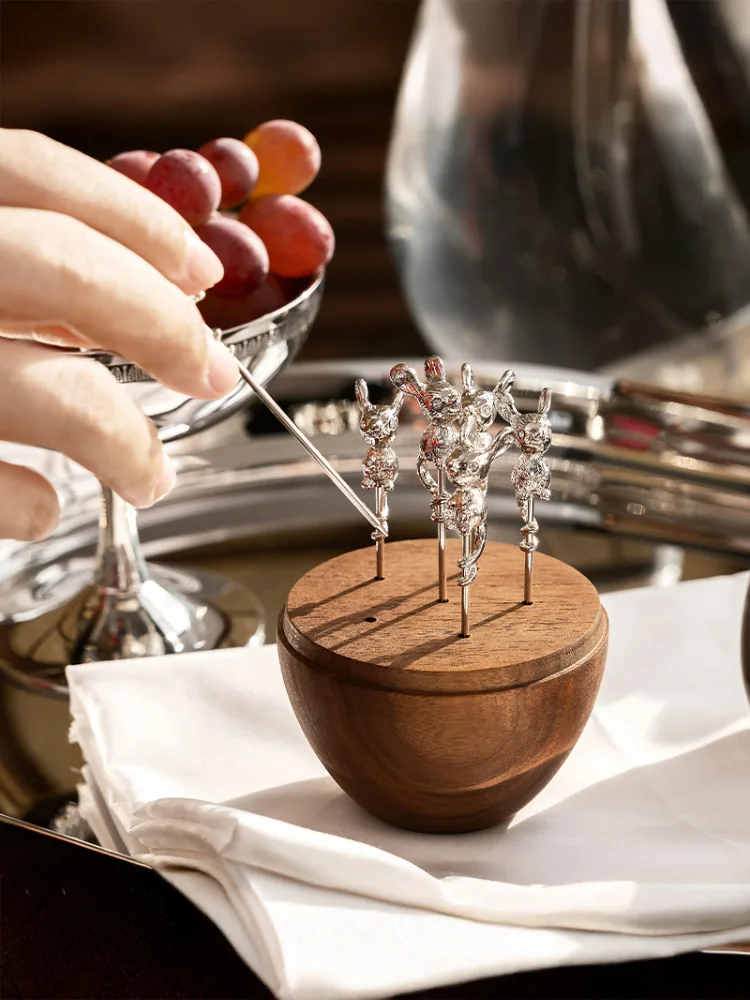 Walnut Toothpick Holder with Stainless Steel Cover, 6Pcs Fruit Picks, Cocktail Picks, Toothpick Box for Home Decor, Party, Bar