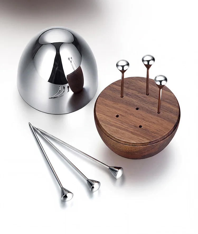Walnut Toothpick Holder with Stainless Steel Cover, 6Pcs Fruit Picks, Cocktail Picks, Toothpick Box for Home Decor, Party, Bar