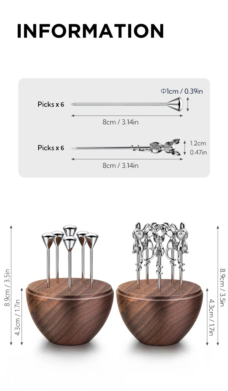 Walnut Toothpick Holder with Stainless Steel Cover, 6Pcs Fruit Picks, Cocktail Picks, Toothpick Box for Home Decor, Party, Bar