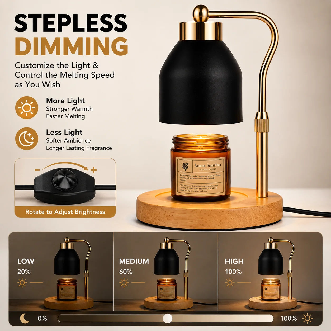 Flameless Candle Warmer Lamp Wax Melter with Adjustable Height Stepless Dimming GU10 Wooden Base Home Decorative Gift