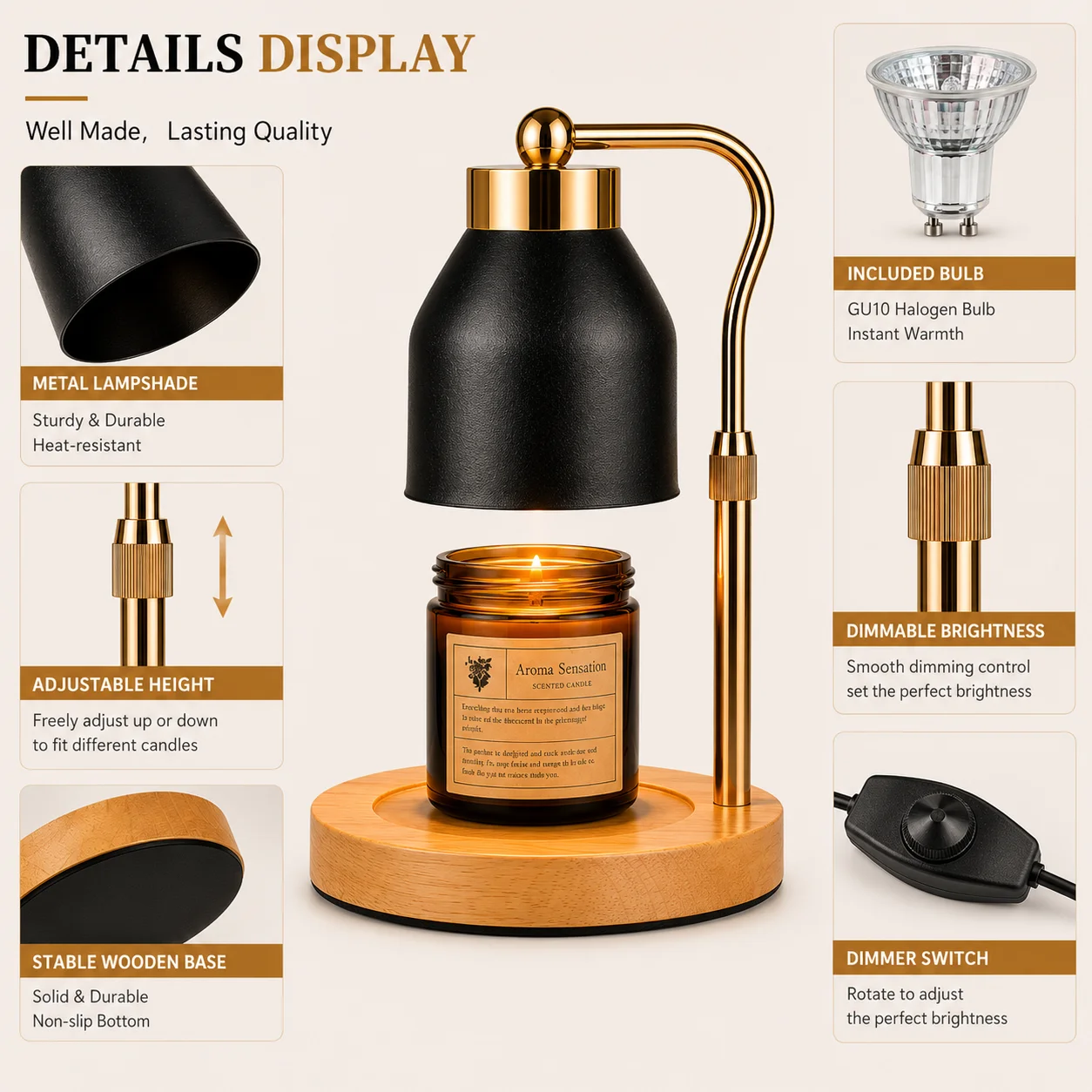 Flameless Candle Warmer Lamp Wax Melter with Adjustable Height Stepless Dimming GU10 Wooden Base Home Decorative Gift