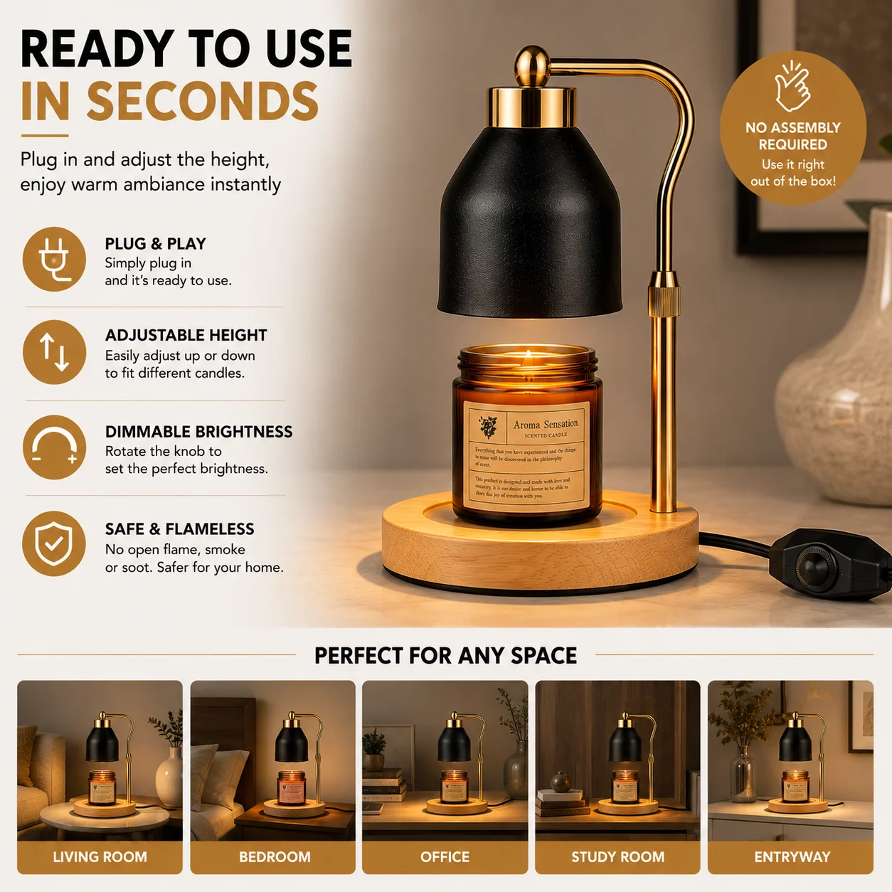 Flameless Candle Warmer Lamp Wax Melter with Adjustable Height Stepless Dimming GU10 Wooden Base Home Decorative Gift