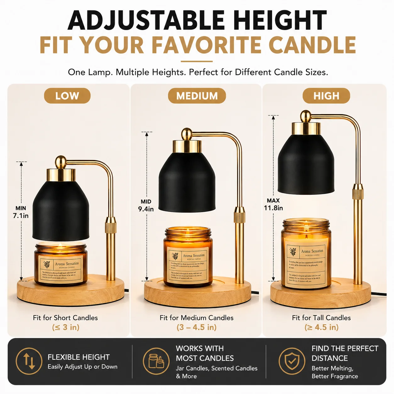 Flameless Candle Warmer Lamp Wax Melter with Adjustable Height Stepless Dimming GU10 Wooden Base Home Decorative Gift