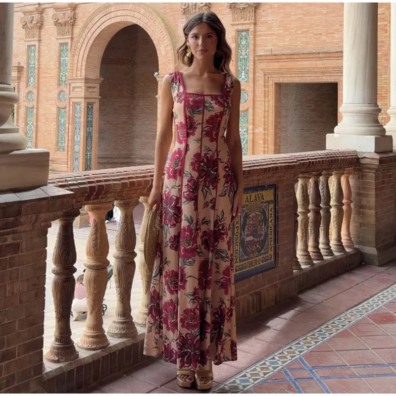 Floral Print Halter Neck Top Maxi Skirt Set Sleeveless Ruffle Hem 2026 Summer Beach Women Co-ord Chic Boho Lady Vacation Outfit