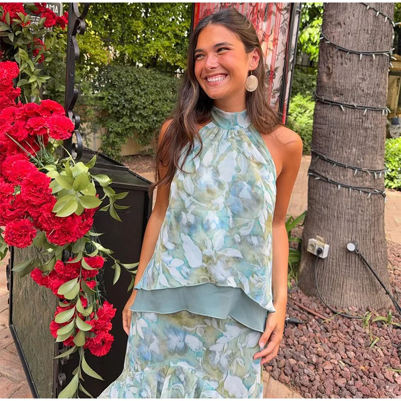 Floral Print Halter Neck Top Maxi Skirt Set Sleeveless Ruffle Hem 2026 Summer Beach Women Co-ord Chic Boho Lady Vacation Outfit