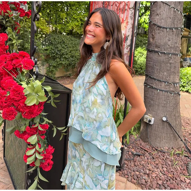 Floral Print Halter Neck Top Maxi Skirt Set Sleeveless Ruffle Hem 2026 Summer Beach Women Co-ord Chic Boho Lady Vacation Outfit