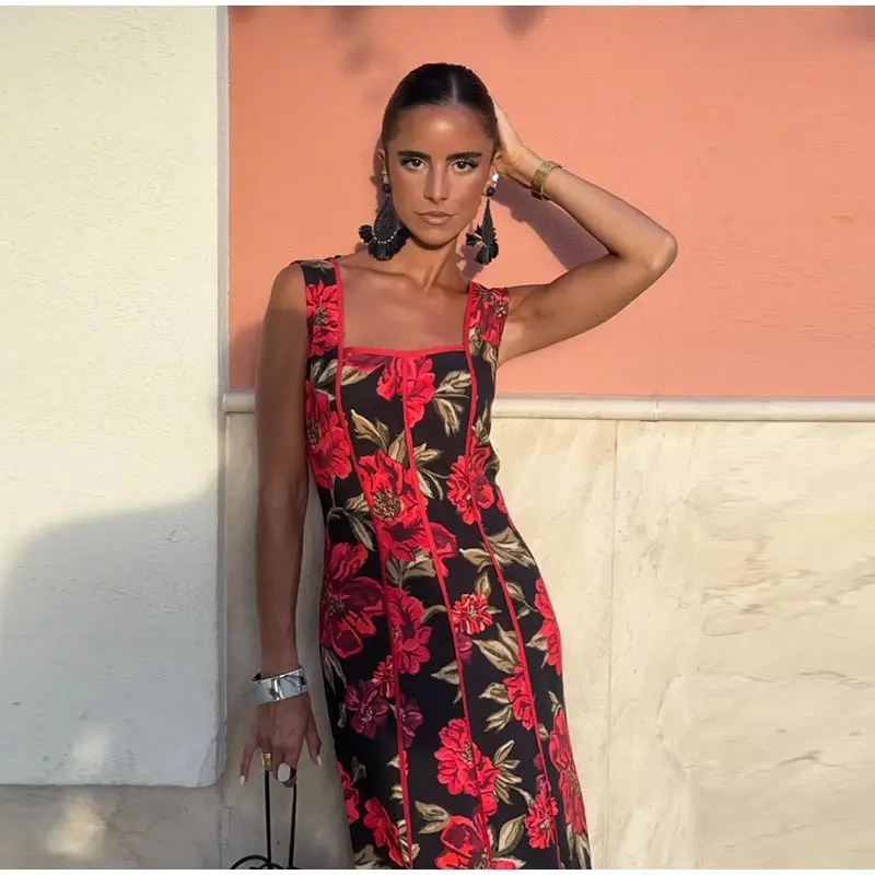 Floral Print Halter Neck Top Maxi Skirt Set Sleeveless Ruffle Hem 2026 Summer Beach Women Co-ord Chic Boho Lady Vacation Outfit